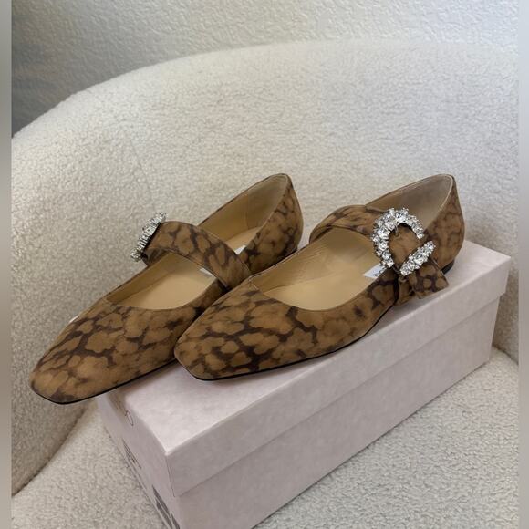 Jimmy Choo Cheri Brown Patterned Flats with Crystal Buckle 39 - Picture 1 of 5